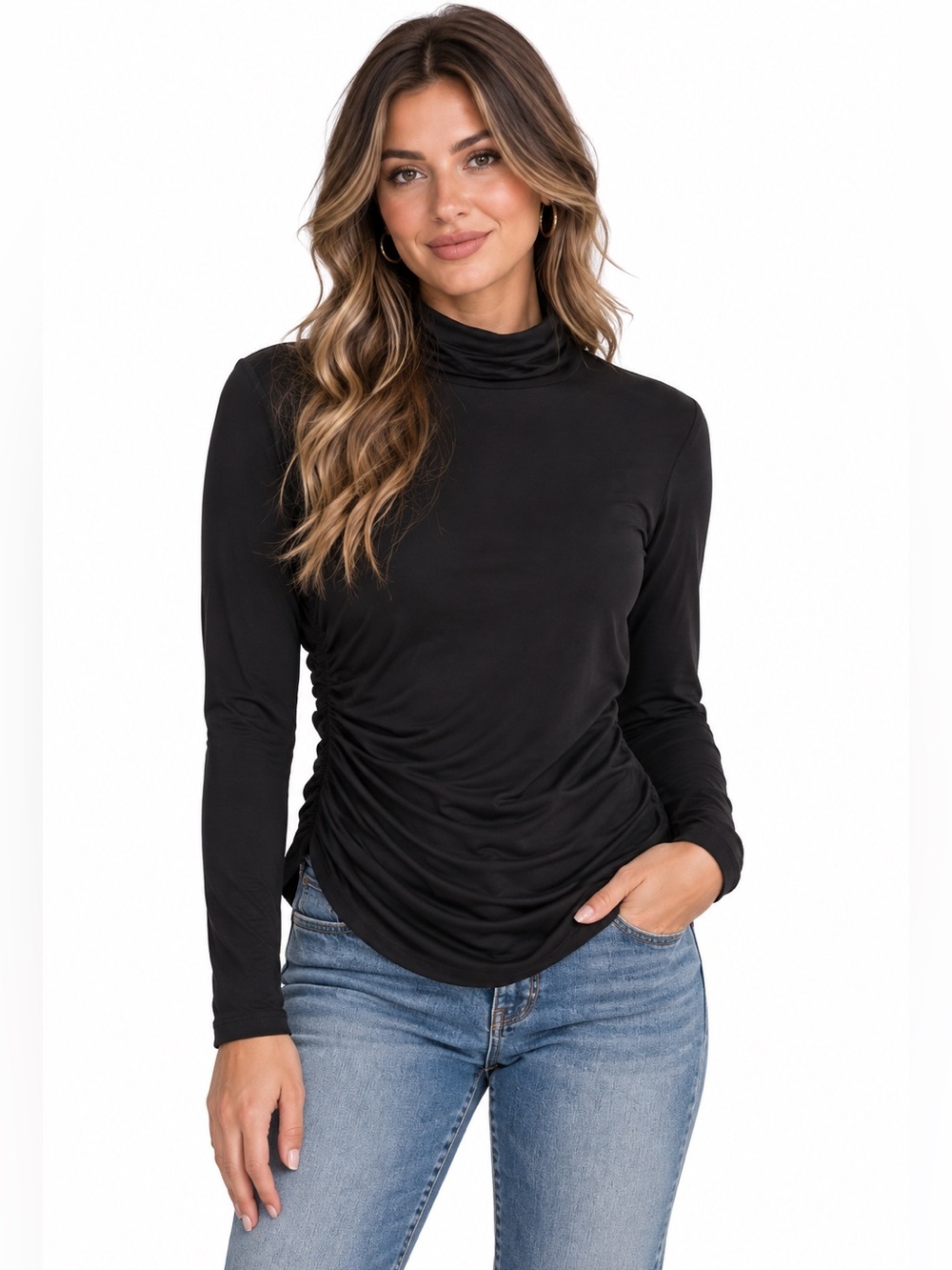 J.Crew Large Black Slinky Ruched Turtleneck Long Sleeve Stretch Top Minimalist